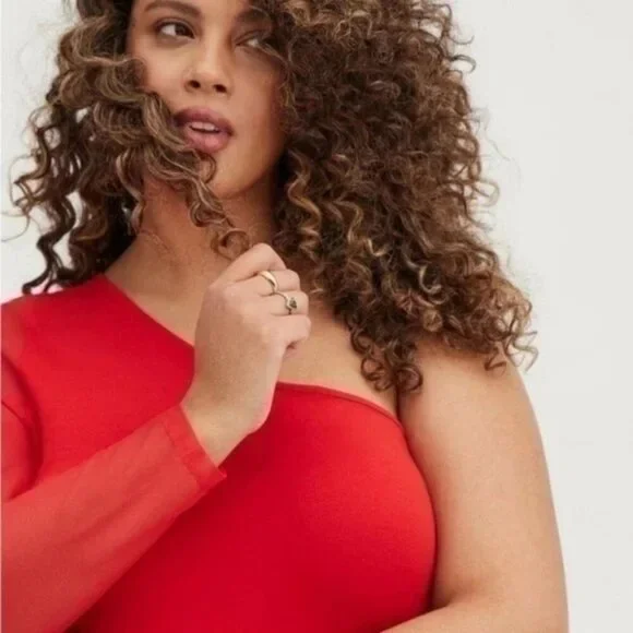NWT Torrid Foxy One Shoulder Mesh Sleeve Red Top Womens Size 3X Bodycon Bold - Picture 11 of 11